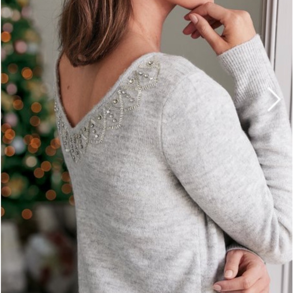 SOFT SURROUNDINGS Aleza Winter Gray Rhinestone V-Neckline Sweater Size XL NEW